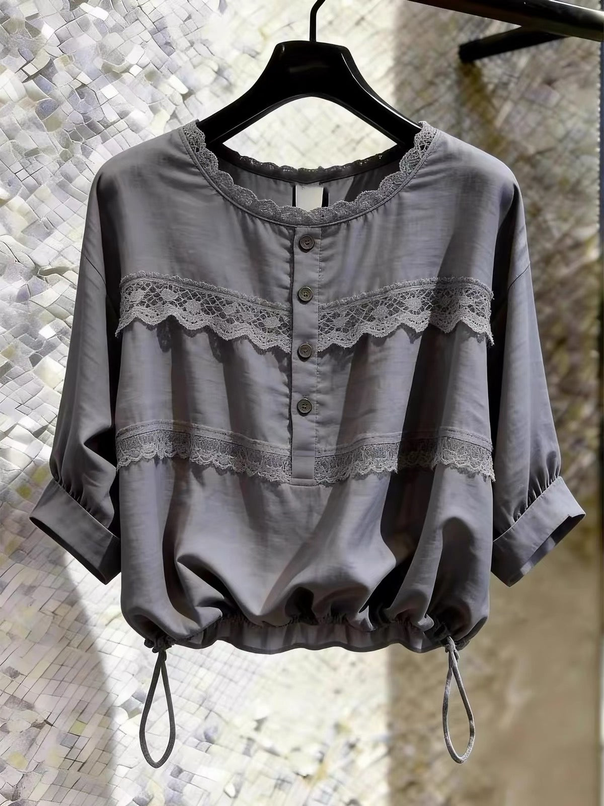 Boutique-quality unique grey lace top—distinctive design, plus-size, and slimming fit (2026 Summer New Arrival).