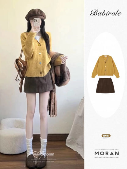 Yellow sweater coat knitted V-neck knitted cardigan short skirt autumn and winter lazy senior petite two-piece suit