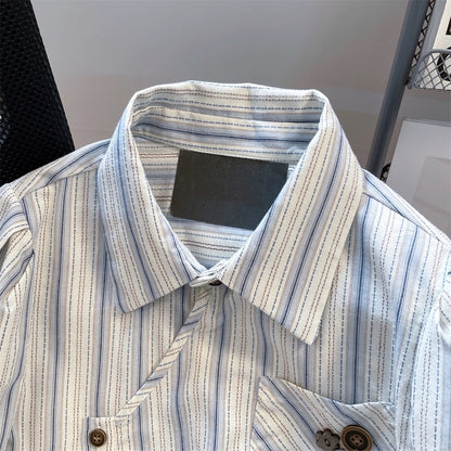 Design niche irregular striped short-sleeved shirt for women 2023 new summer college style casual short top