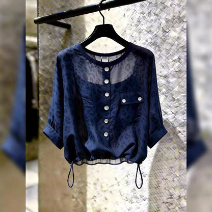 Store-stock item: Women's dark blue, single-breasted, drawstring leopard-print shirt featuring a stylish design—suitable for layering or plus-size wear (2026 Summer Collection).