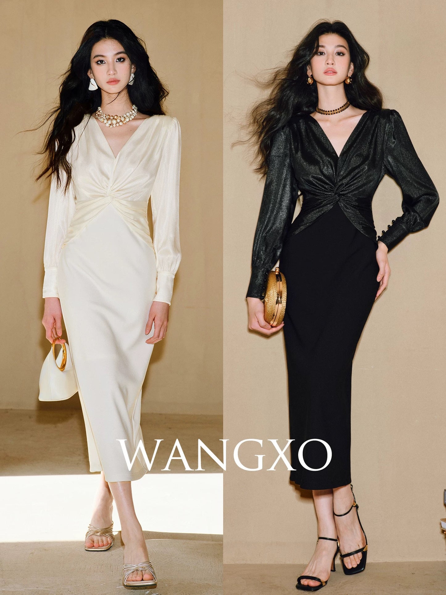 WANGXO｜Wrinkled shiny satin and stretch Mickey linen｜V-neck twisted waist slimming dress