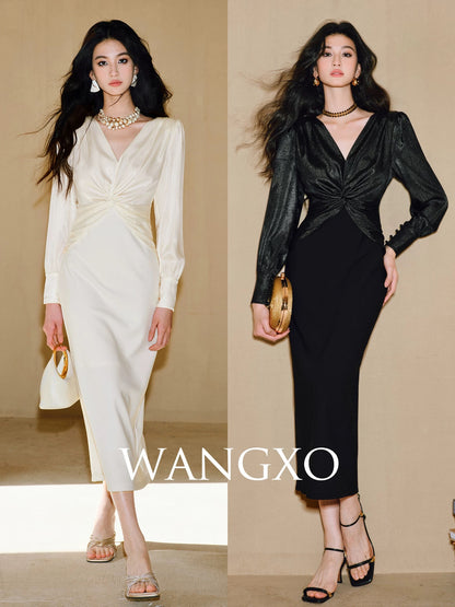 WANGXO｜Wrinkled shiny satin and stretch Mickey linen｜V-neck twisted waist slimming dress