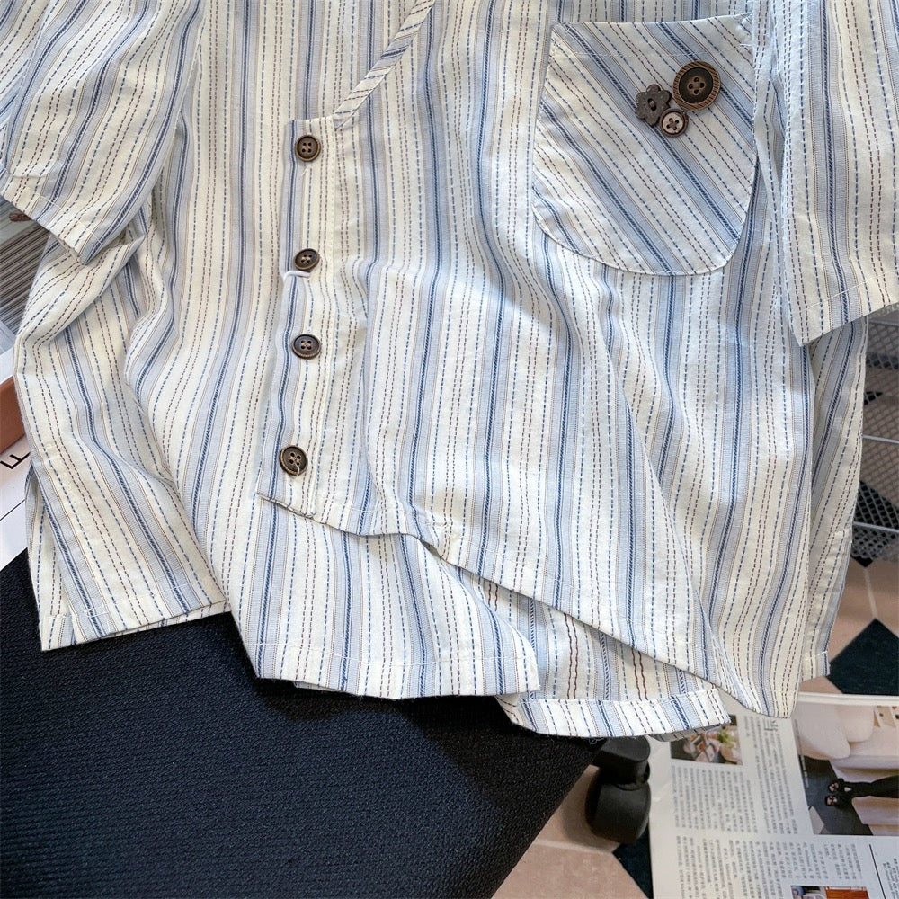 Design niche irregular striped short-sleeved shirt for women 2023 new summer college style casual short top