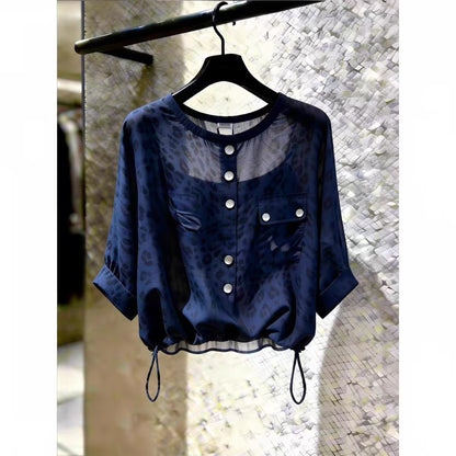 Store-stock item: Women's dark blue, single-breasted, drawstring leopard-print shirt featuring a stylish design—suitable for layering or plus-size wear (2026 Summer Collection).