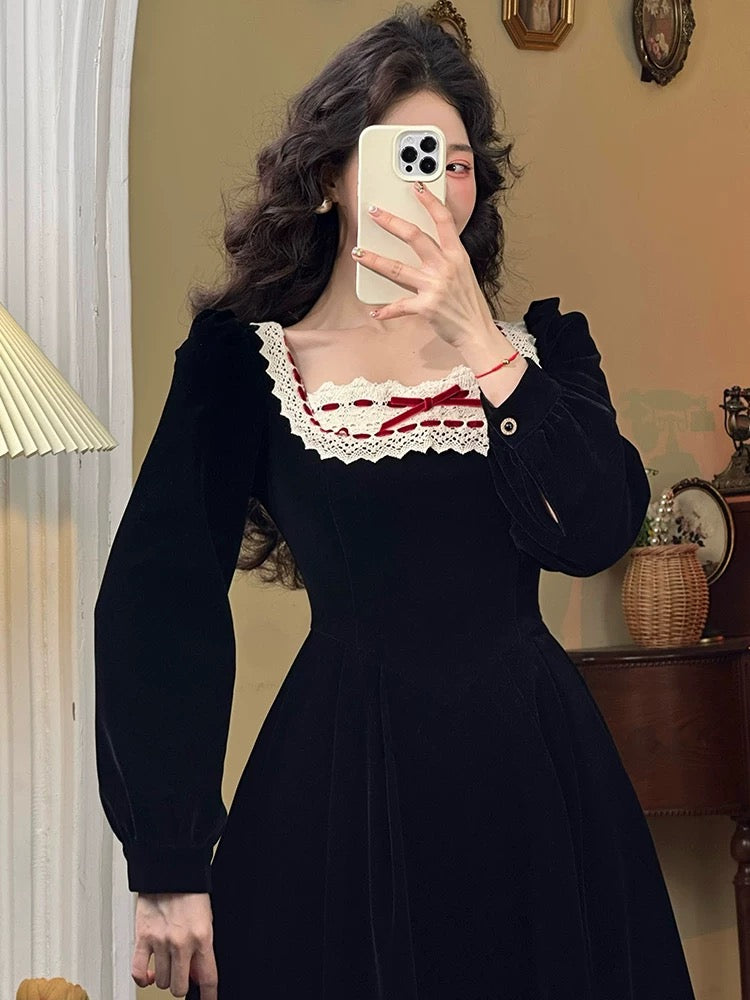 Mrs. Xiao's winter new French retro high-end Christmas dress long skirt waist temperament dress for women