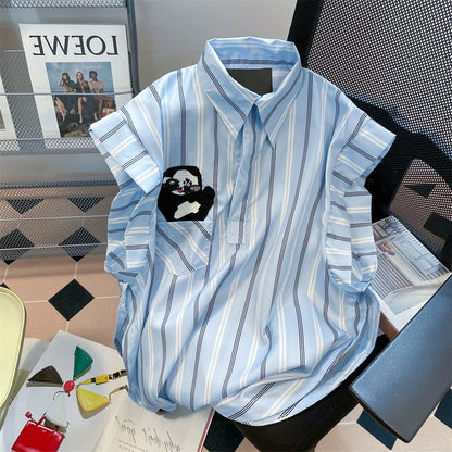 Design niche cute panda embroidered striped shirts for men and women summer Hong Kong style Japanese style western style age-reducing sleeveless tops