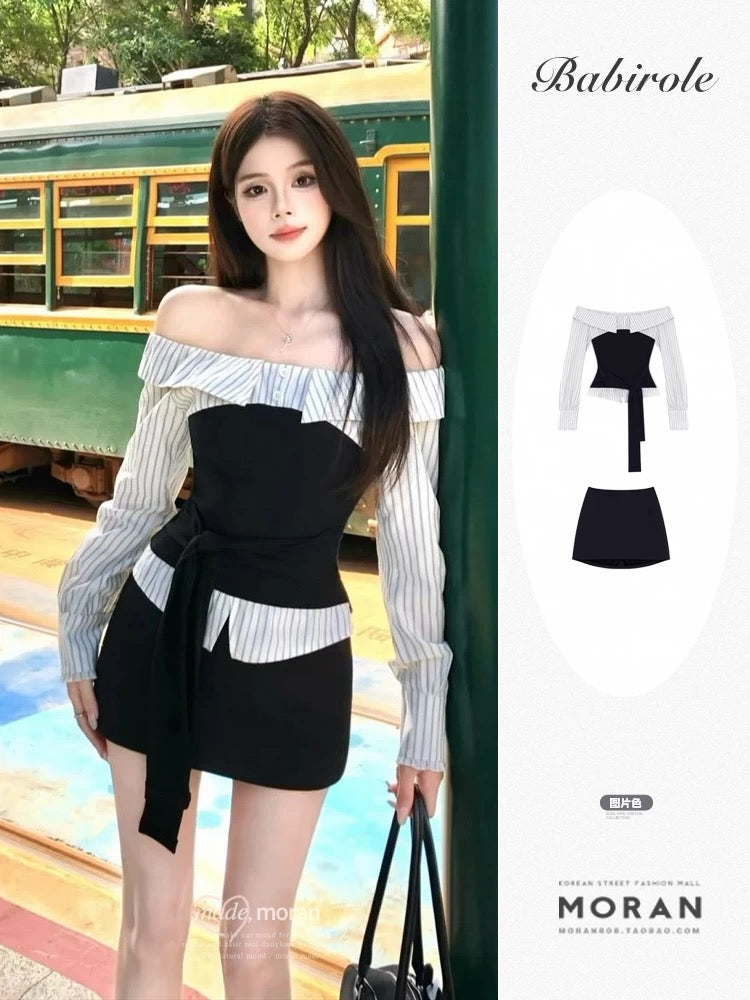 French style one-shoulder striped patchwork suit for women, waist-binding slimming top and skirt two-piece suit, new style for early autumn