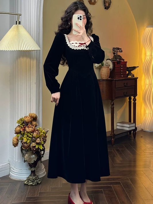 Mrs. Xiao's winter new French retro high-end Christmas dress long skirt waist temperament dress for women