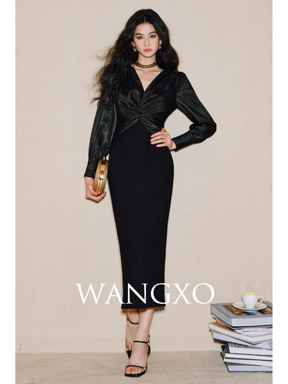 WANGXO｜Wrinkled shiny satin and stretch Mickey linen｜V-neck twisted waist slimming dress