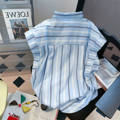 Design niche cute panda embroidered striped shirts for men and women summer Hong Kong style Japanese style western style age-reducing sleeveless tops