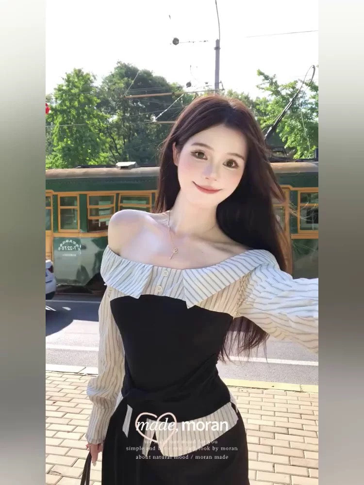 French style one-shoulder striped patchwork suit for women, waist-binding slimming top and skirt two-piece suit, new style for early autumn