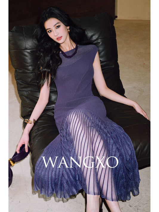 WANGXO｜Custom-woven cool silk organza stitching｜Light and flowing｜Slim fit shoulder dress with flared hem