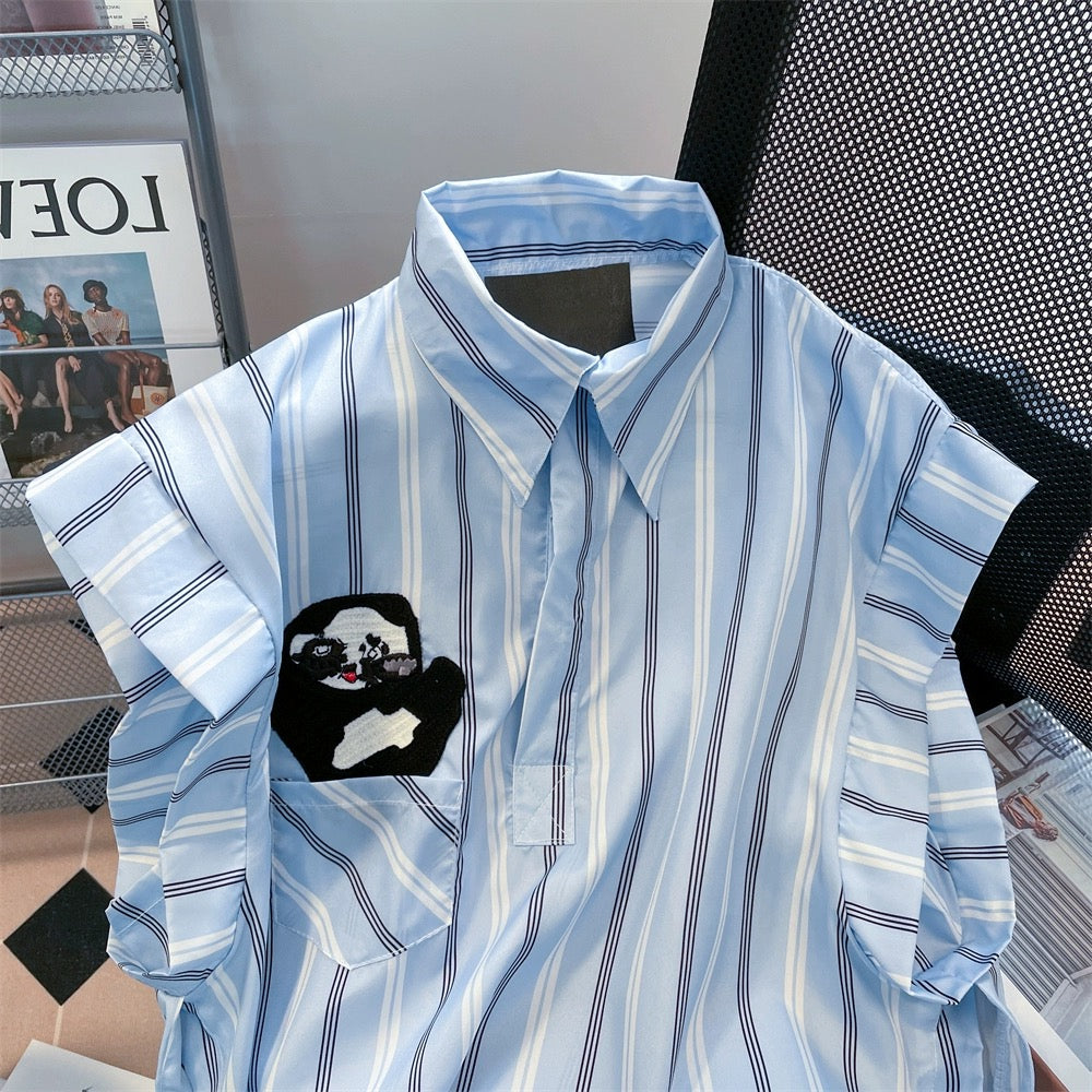 Design niche cute panda embroidered striped shirts for men and women summer Hong Kong style Japanese style western style age-reducing sleeveless tops