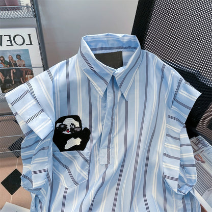 Design niche cute panda embroidered striped shirts for men and women summer Hong Kong style Japanese style western style age-reducing sleeveless tops