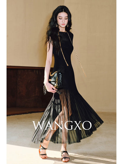 WANGXO｜Custom-woven cool silk organza stitching｜Light and flowing｜Slim fit shoulder dress with flared hem