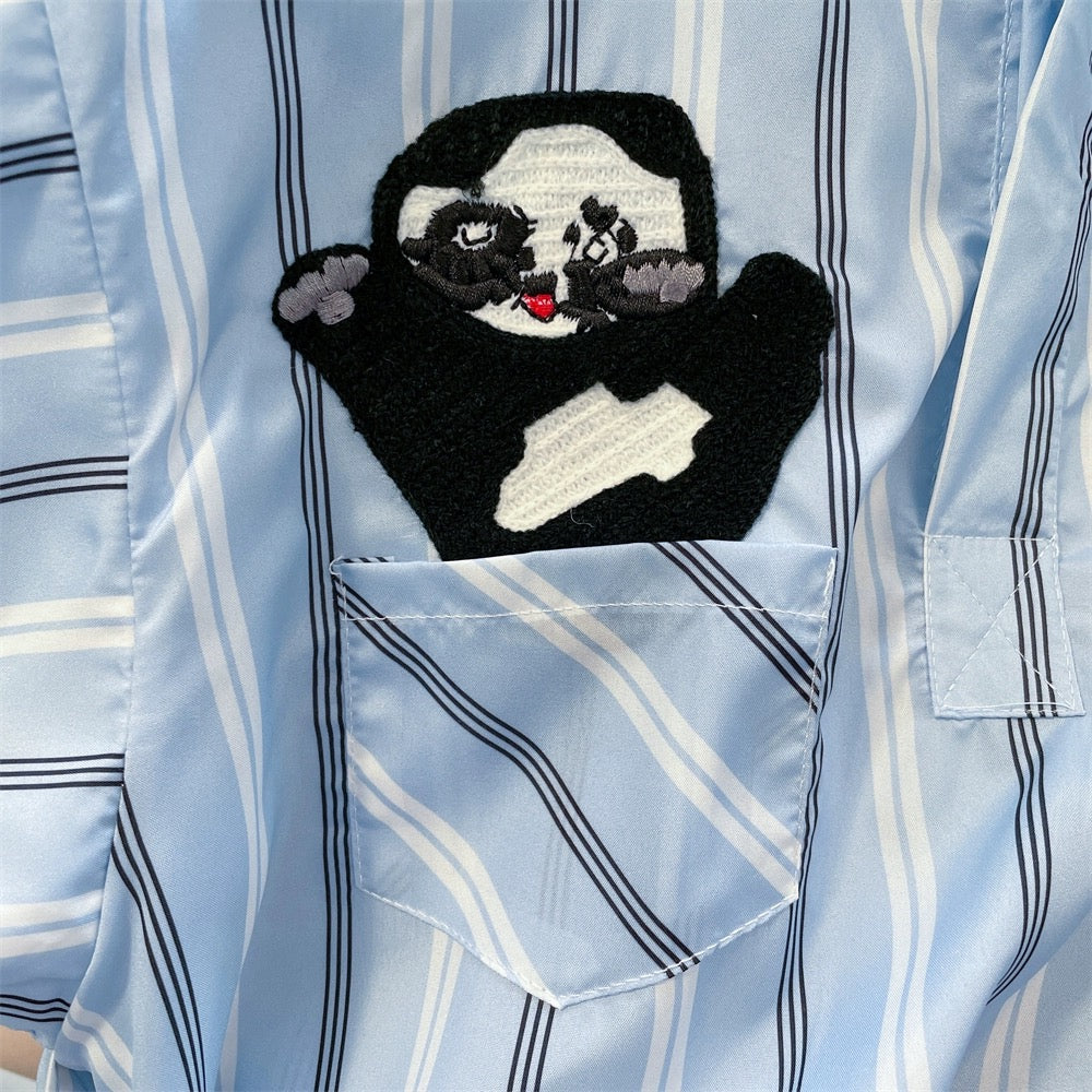 Design niche cute panda embroidered striped shirts for men and women summer Hong Kong style Japanese style western style age-reducing sleeveless tops