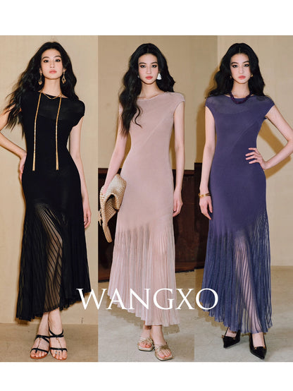 WANGXO｜Custom-woven cool silk organza stitching｜Light and flowing｜Slim fit shoulder dress with flared hem
