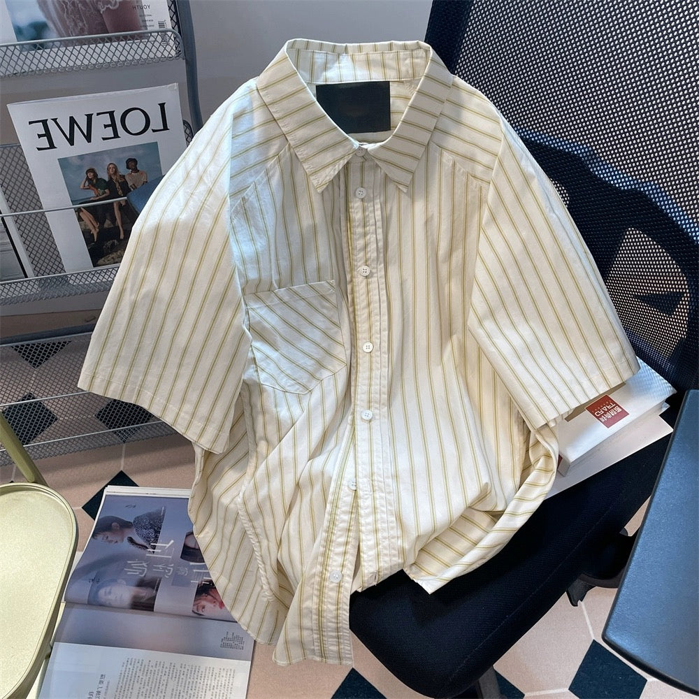 Japanese chic Hong Kong style high-end striped short-sleeved shirts for men and women summer loose oversize casual tops and jackets