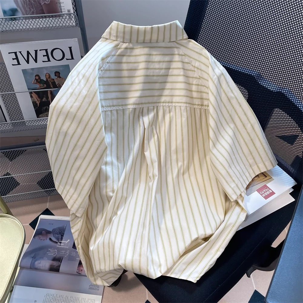 Japanese chic Hong Kong style high-end striped short-sleeved shirts for men and women summer loose oversize casual tops and jackets