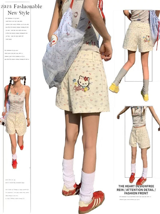 MZVZ Bow Floral Kitty Denim Shorts for Women, Summer Hot Girl Style, Wide Leg Hot Pants