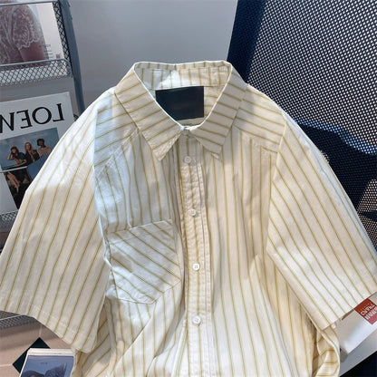 Japanese chic Hong Kong style high-end striped short-sleeved shirts for men and women summer loose oversize casual tops and jackets