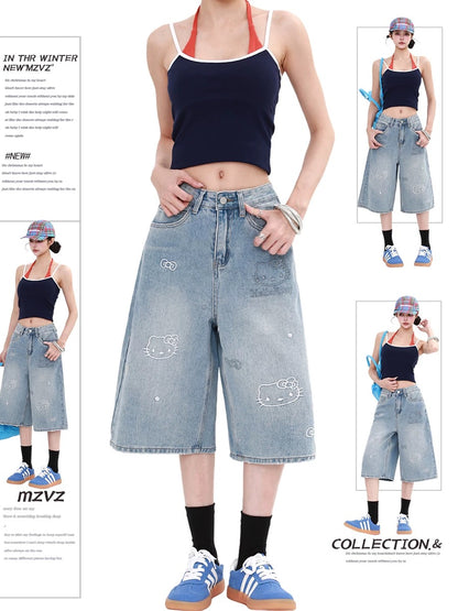 MZVZ Cartoon Cat Embroidered Cropped Jeans for Women, Summer 2025 New Style, High Waist, Loose Fit, Wide Leg, 7/8 Cropped Shorts