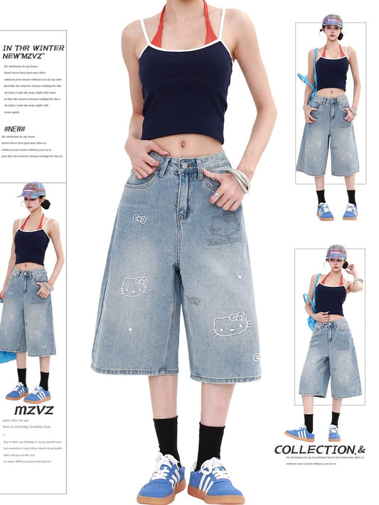 MZVZ Cartoon Cat Embroidered Cropped Jeans for Women, Summer 2025 New Style, High Waist, Loose Fit, Wide Leg, 7/8 Cropped Shorts