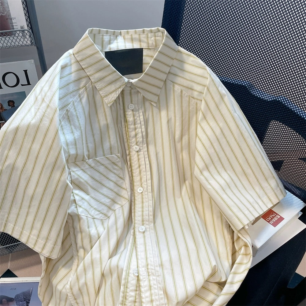 Japanese chic Hong Kong style high-end striped short-sleeved shirts for men and women summer loose oversize casual tops and jackets