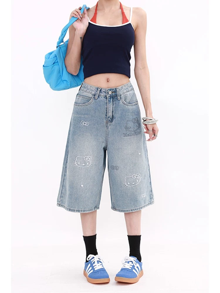 MZVZ Cartoon Cat Embroidered Cropped Jeans for Women, Summer 2025 New Style, High Waist, Loose Fit, Wide Leg, 7/8 Cropped Shorts