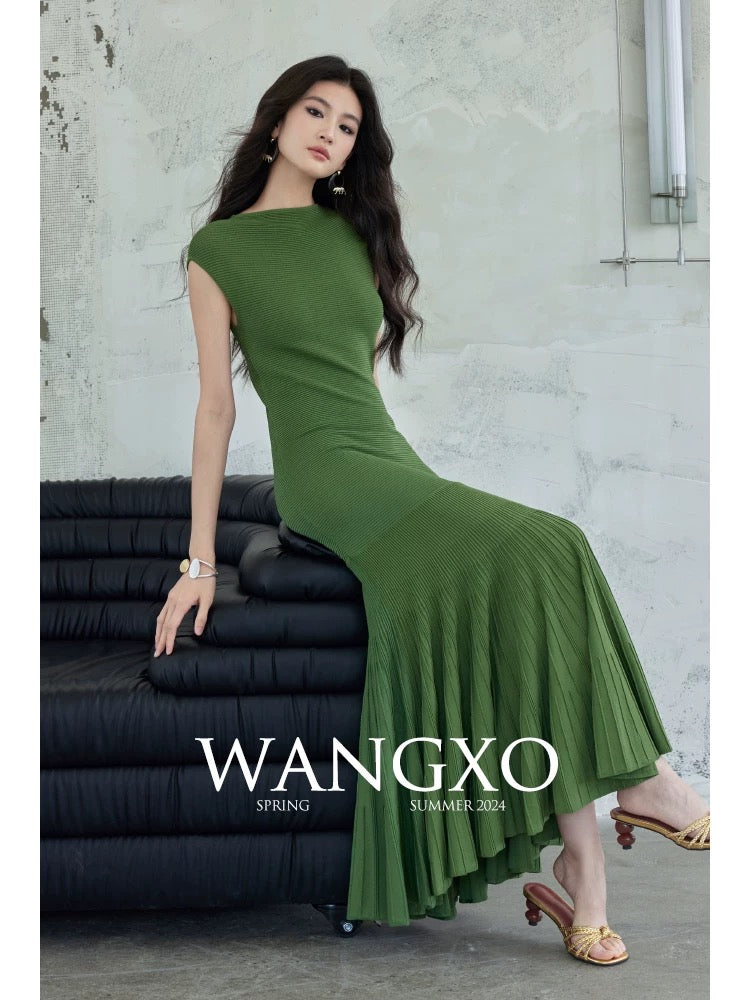 WANGXO｜24-count hyperbolic ice hemp|10 hours of craftsmanship|Single-shoulder covered shoulder knitted slim fishtail skirt