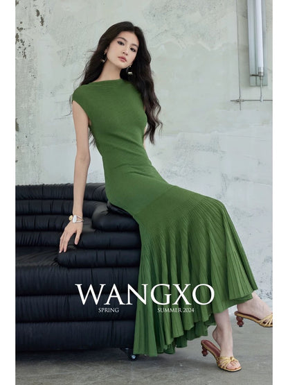 WANGXO｜24-count hyperbolic ice hemp|10 hours of craftsmanship|Single-shoulder covered shoulder knitted slim fishtail skirt