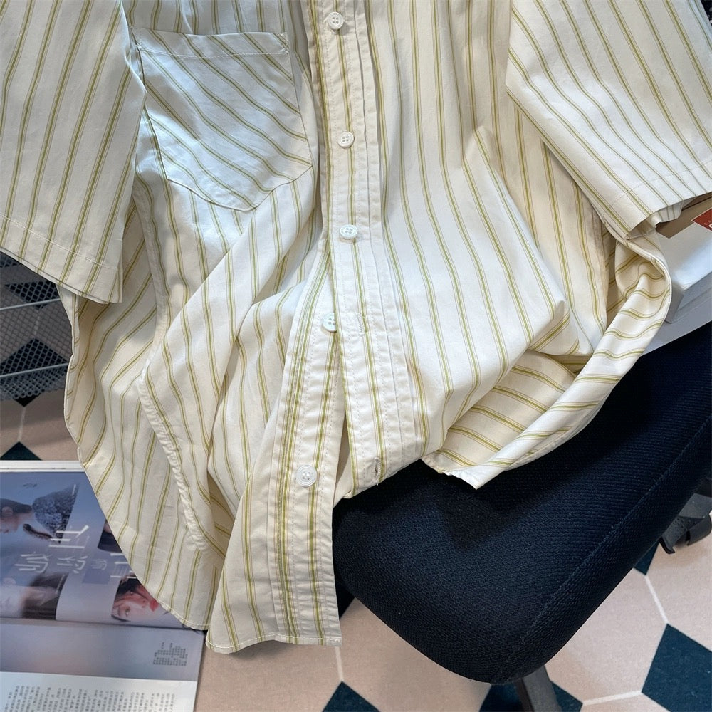 Japanese chic Hong Kong style high-end striped short-sleeved shirts for men and women summer loose oversize casual tops and jackets