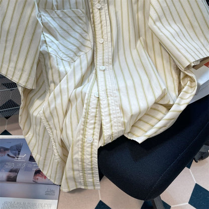 Japanese chic Hong Kong style high-end striped short-sleeved shirts for men and women summer loose oversize casual tops and jackets