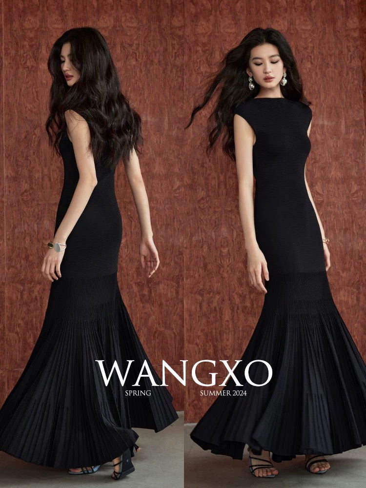 WANGXO｜24-count hyperbolic ice hemp|10 hours of craftsmanship|Single-shoulder covered shoulder knitted slim fishtail skirt