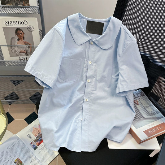 Japanese college style super good-looking doll collar short-sleeved shirts for men and women in summer sweet little short shoulder tops