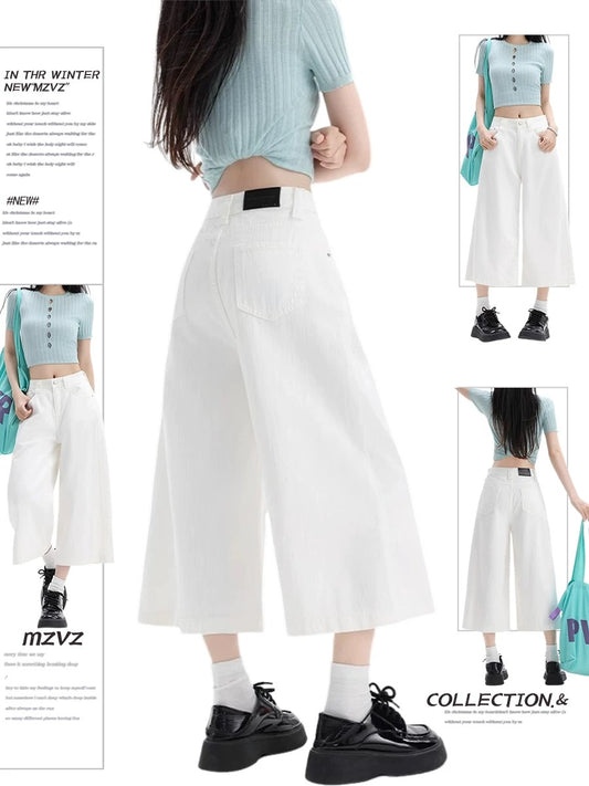 MZVZ American Retro White Cropped Jeans for Women, Summer Versatile Loose Straight Leg High Waist Wide Leg Cropped Shorts