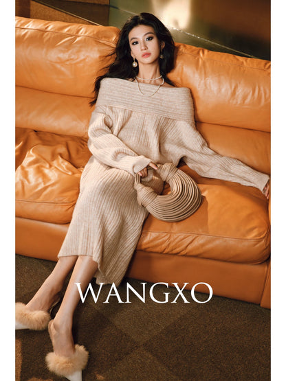 WANGXO｜Italian baby mohair wool｜Cloudy brushed craftsmanship｜One-shoulder knitted suit