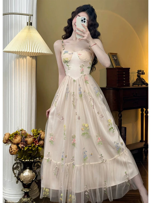 Mrs. Xiao's Home【Sichun】French Retro Mesh Temperament Sling Fairy Dress Vacation Seaside Dress Women's Summer