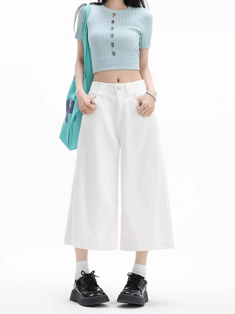 MZVZ American Retro White Cropped Jeans for Women, Summer Versatile Loose Straight Leg High Waist Wide Leg Cropped Shorts
