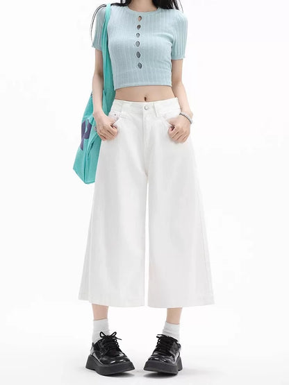 MZVZ American Retro White Cropped Jeans for Women, Summer Versatile Loose Straight Leg High Waist Wide Leg Cropped Shorts