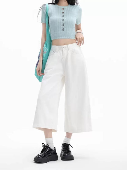 MZVZ American Retro White Cropped Jeans for Women, Summer Versatile Loose Straight Leg High Waist Wide Leg Cropped Shorts