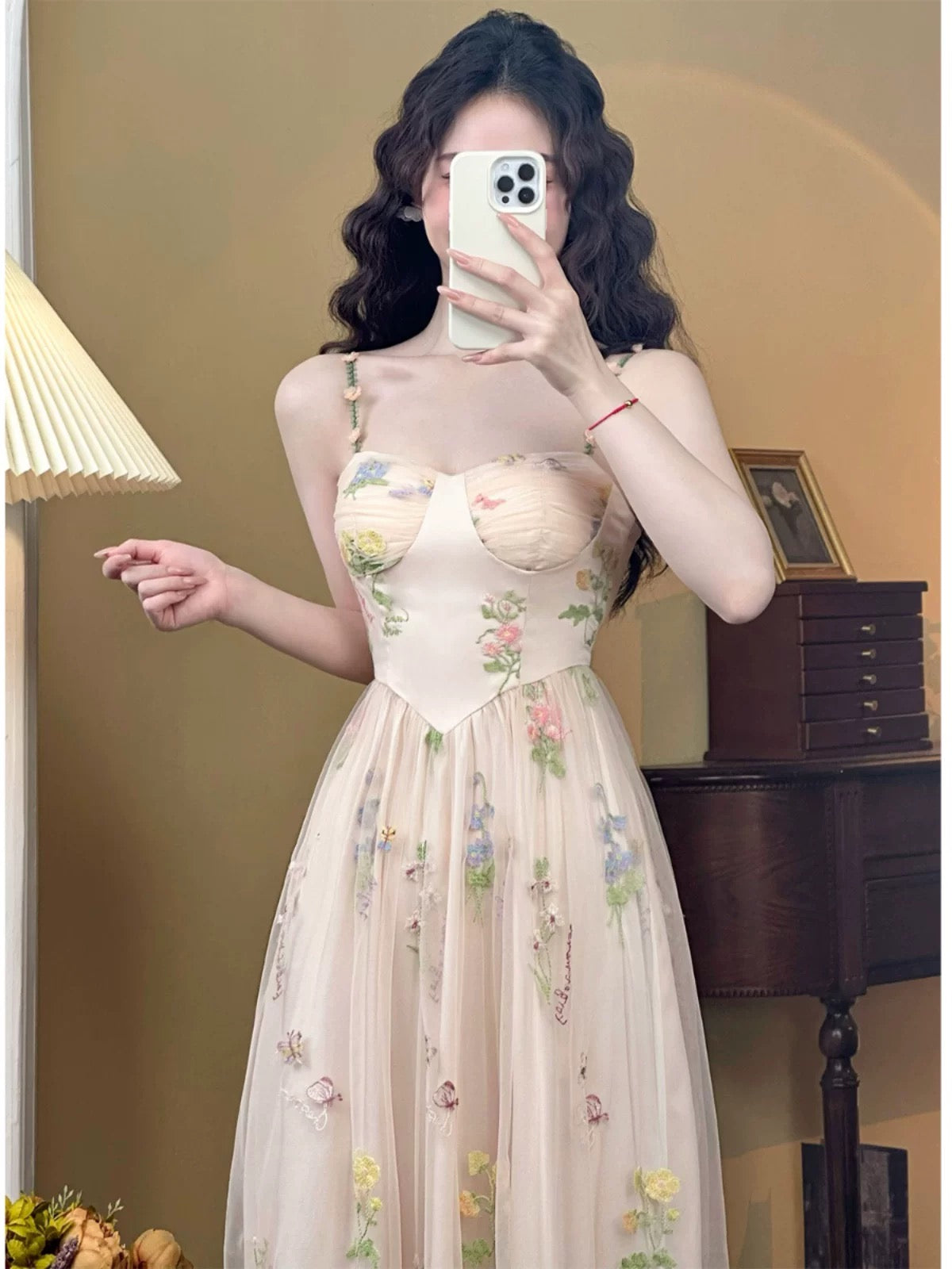 Mrs. Xiao's Home【Sichun】French Retro Mesh Temperament Sling Fairy Dress Vacation Seaside Dress Women's Summer