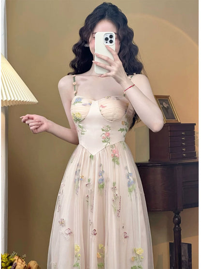Mrs. Xiao's Home【Sichun】French Retro Mesh Temperament Sling Fairy Dress Vacation Seaside Dress Women's Summer