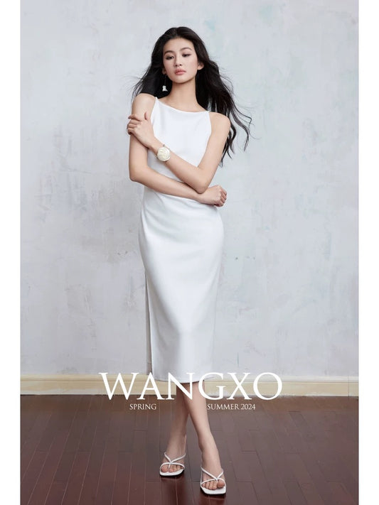 WANGXO｜TR messy knit | skinny draping handmade pleats | one-shoulder neckline side slit vest dress
