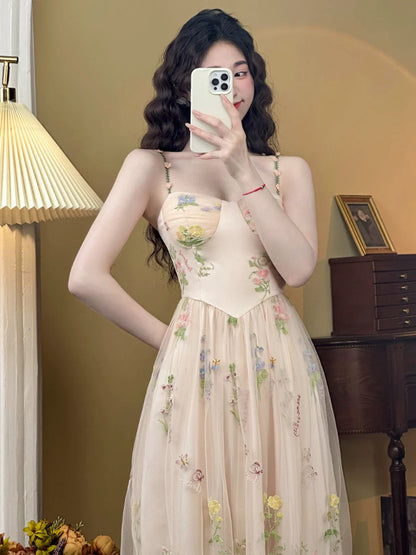 Mrs. Xiao's Home【Sichun】French Retro Mesh Temperament Sling Fairy Dress Vacation Seaside Dress Women's Summer