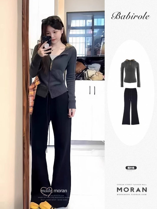 Korean style early autumn suit for women, atmosphere wear, hooded knitted cardigan sweater jacket, flared trousers, two-piece suit