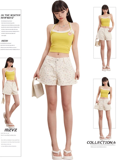 MZVZ White Floral Bow Denim Shorts Women's Summer High-Waisted A-Line Super Shorts Stylish Wide-Leg Hot Pants