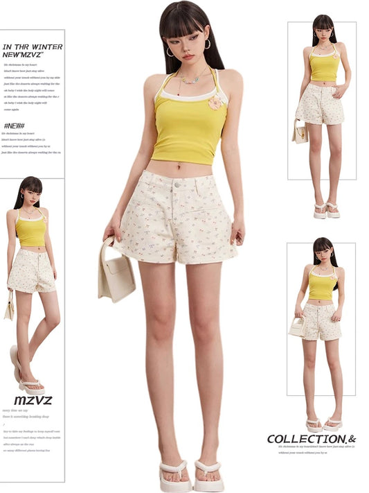 MZVZ White Floral Bow Denim Shorts Women's Summer High-Waisted A-Line Super Shorts Stylish Wide-Leg Hot Pants
