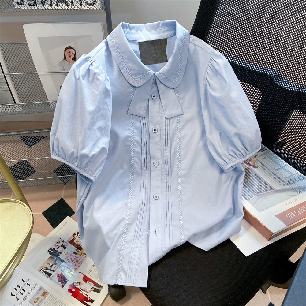 Japanese college style cute butterfly tie embroidered shirt men and women summer sweet doll collar puff sleeve short top