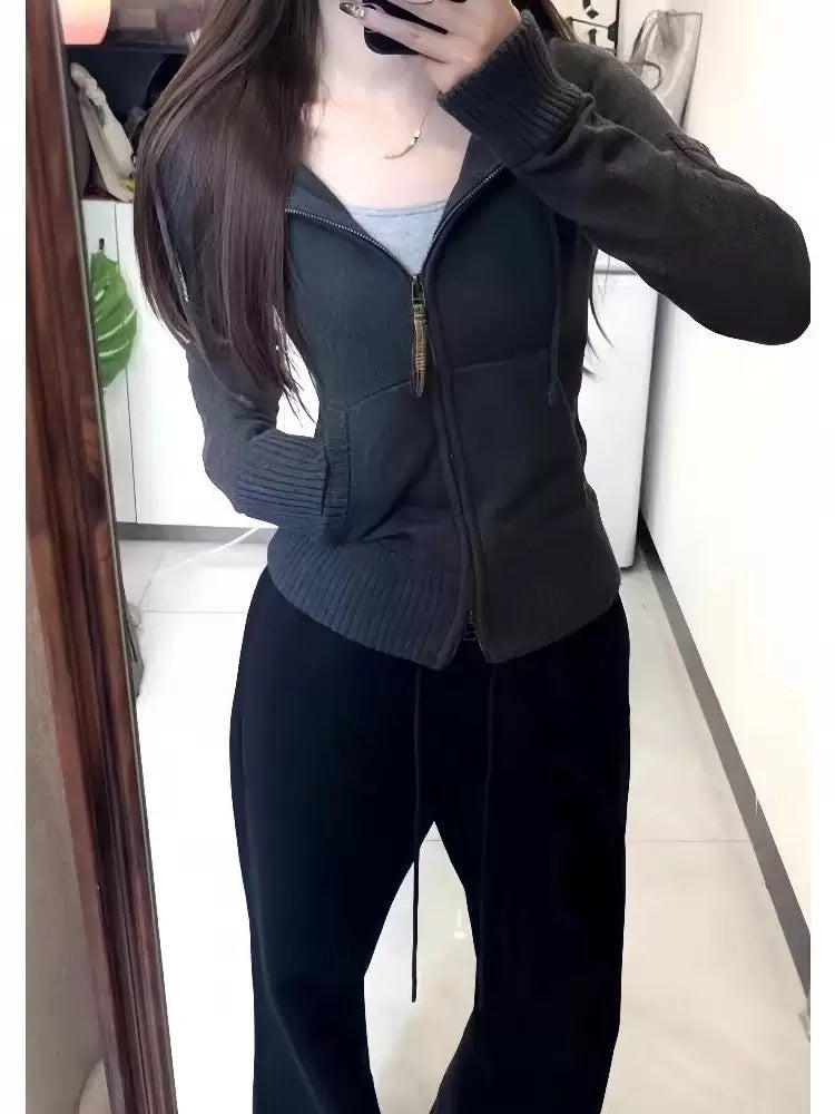 Korean style early autumn suit for women, atmosphere wear, hooded knitted cardigan sweater jacket, flared trousers, two-piece suit